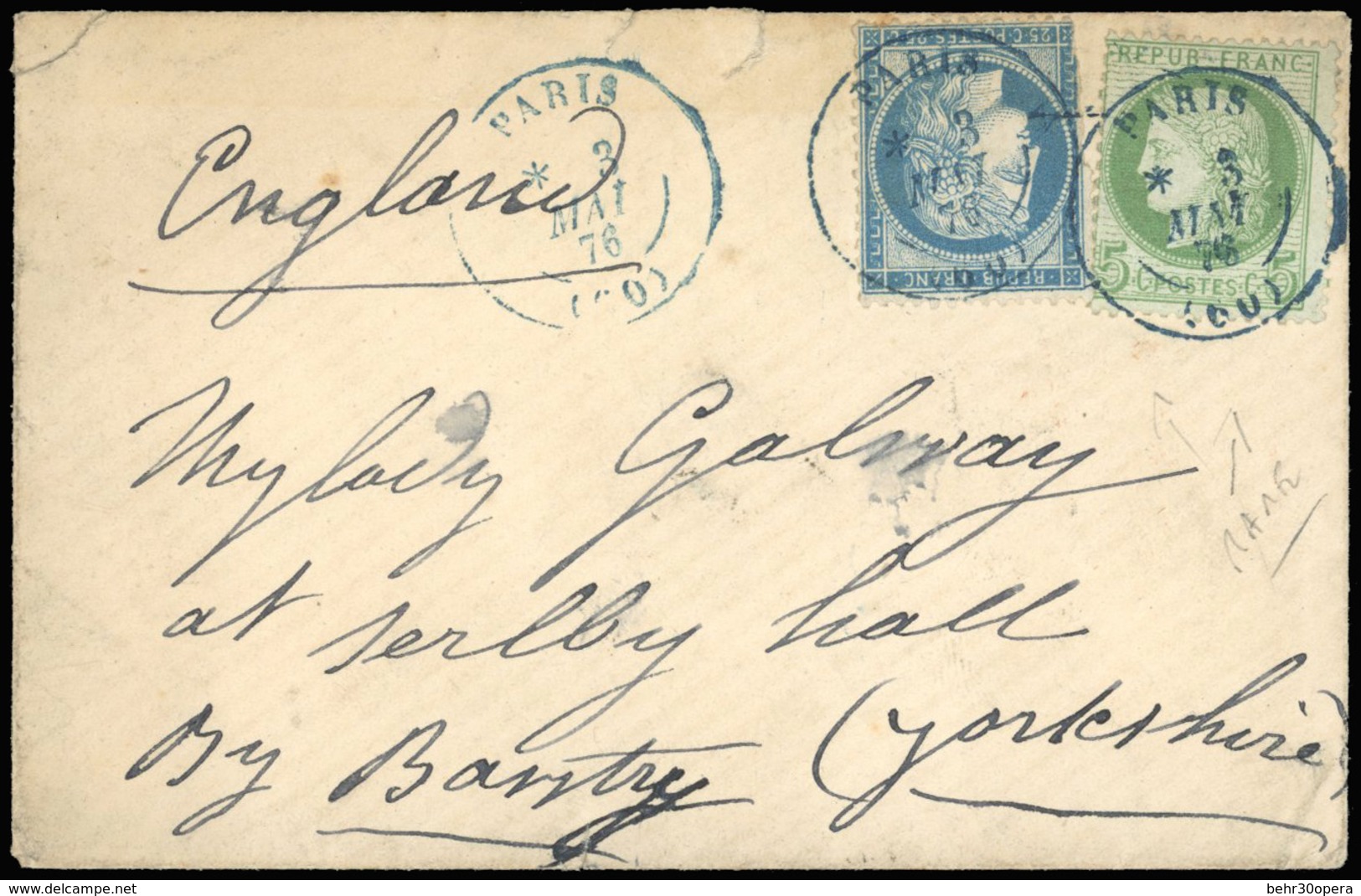 O 5c. + 20c. (déf), Obl. Du CàD Bleu PARIS (60) Du 3 Mai 1876 S/lettre à Destination De L'ANGLETERRE. L'utilisation Du C - 1871-1875 Cérès