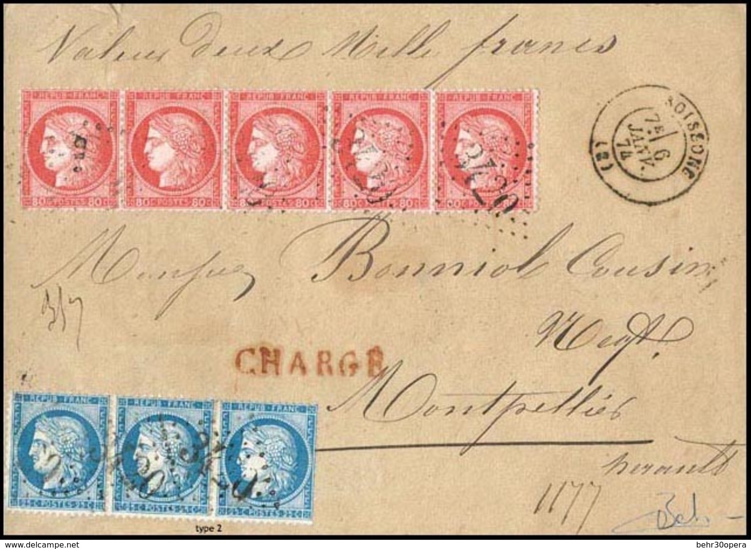 O 25c. Type II Bande De 3 + 80c. Rose Bande De 5 Obl. GC 3420 S/lettre Chargée Frappée Du CàD De SOISSONS Du 6 Janvier 1 - 1871-1875 Cérès