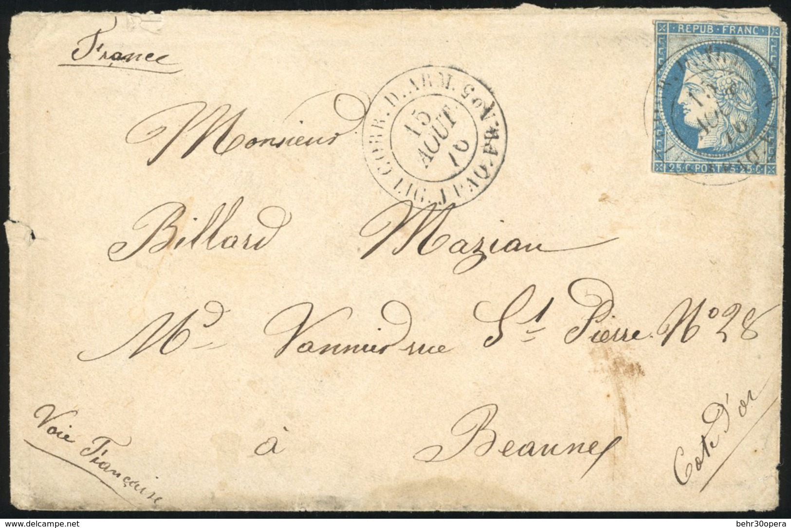 O 25c. Bleu, Dents Découpées Afin De Passer Pour Un Timbre Colonial S/lettre Frappée Du Cachet Maritime ''CORR. D'ARM. L - 1871-1875 Cérès