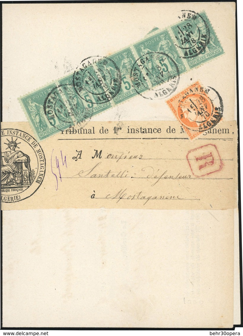 O Bande De 5 Du 5c. + 40c. Siège Obl. S/Convocation Recommandée Du Tribunal De Mostaganem Frappée Du CàD De MOSTAGANEM D - 1876-1878 Sage (Type I)