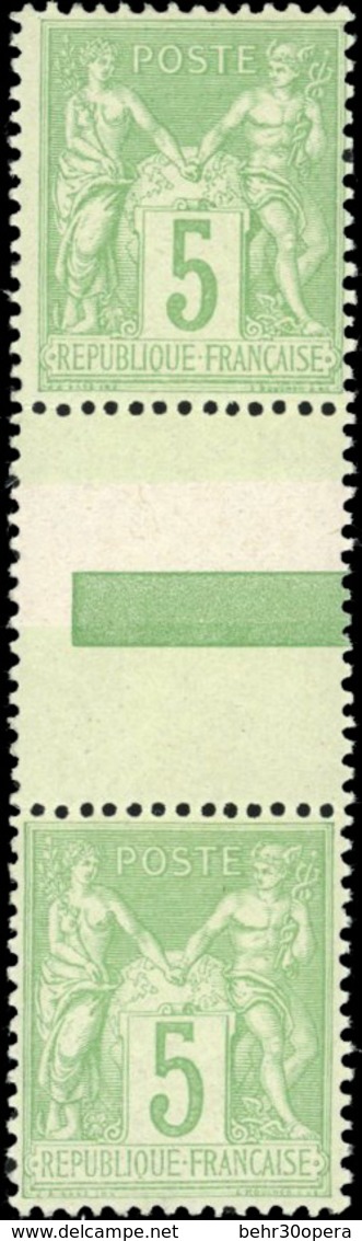 ** 5c. Vert. Paire Verticale Inter-panneau Type II Tenant à Type I. SUP. - 1876-1878 Sage (Type I)