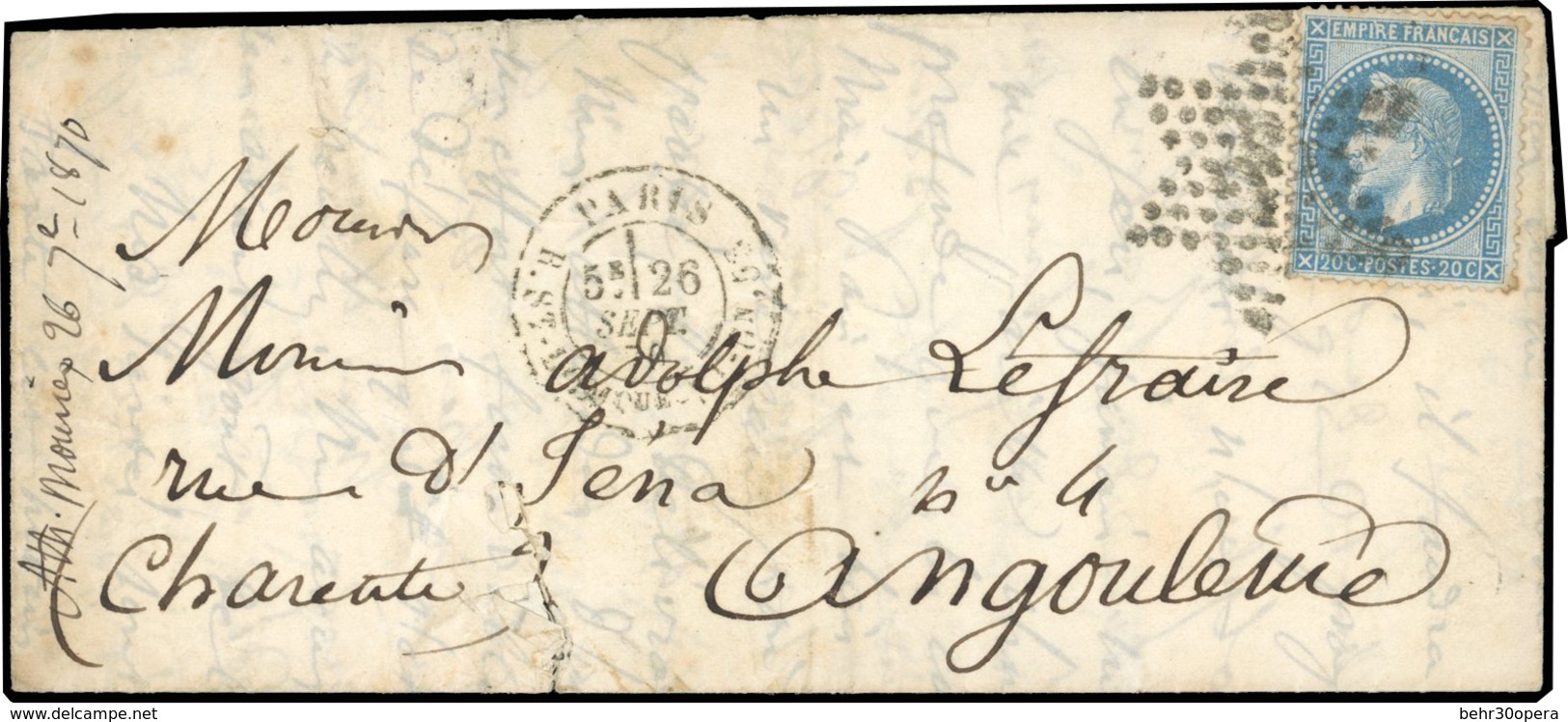 O Courrier Retardé De L'ETATS-UNIS. 20c. Laurés Obl. étoile S/lettre Frappée Du CàD De PARIS - R. ST-DOMque-St-Gn-56 Du  - Krieg 1870