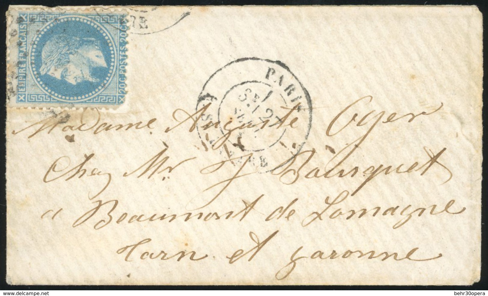 O L'ETATS-UNIS. 20c. Laurés Obl. étoile S/lettre Frappée Du CàD De PARIS - R. ST-LAZARE Du 27 Septembre 1870 à Destinati - Guerre De 1870