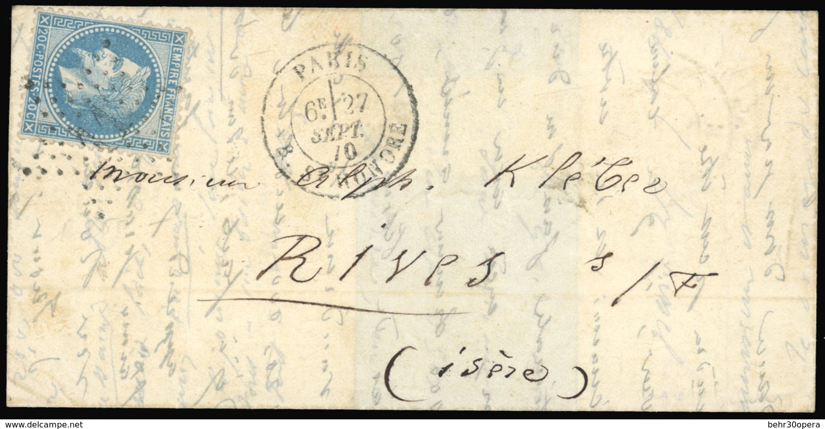 O LE ETATS-UNIS. 20c. Bleu. Obl. étoile ''11'' Sur Lettre Frappée Du CàD De PARIS-RUE ST HONORE Du 27 SEPTEMBRE à Destin - Oorlog 1870