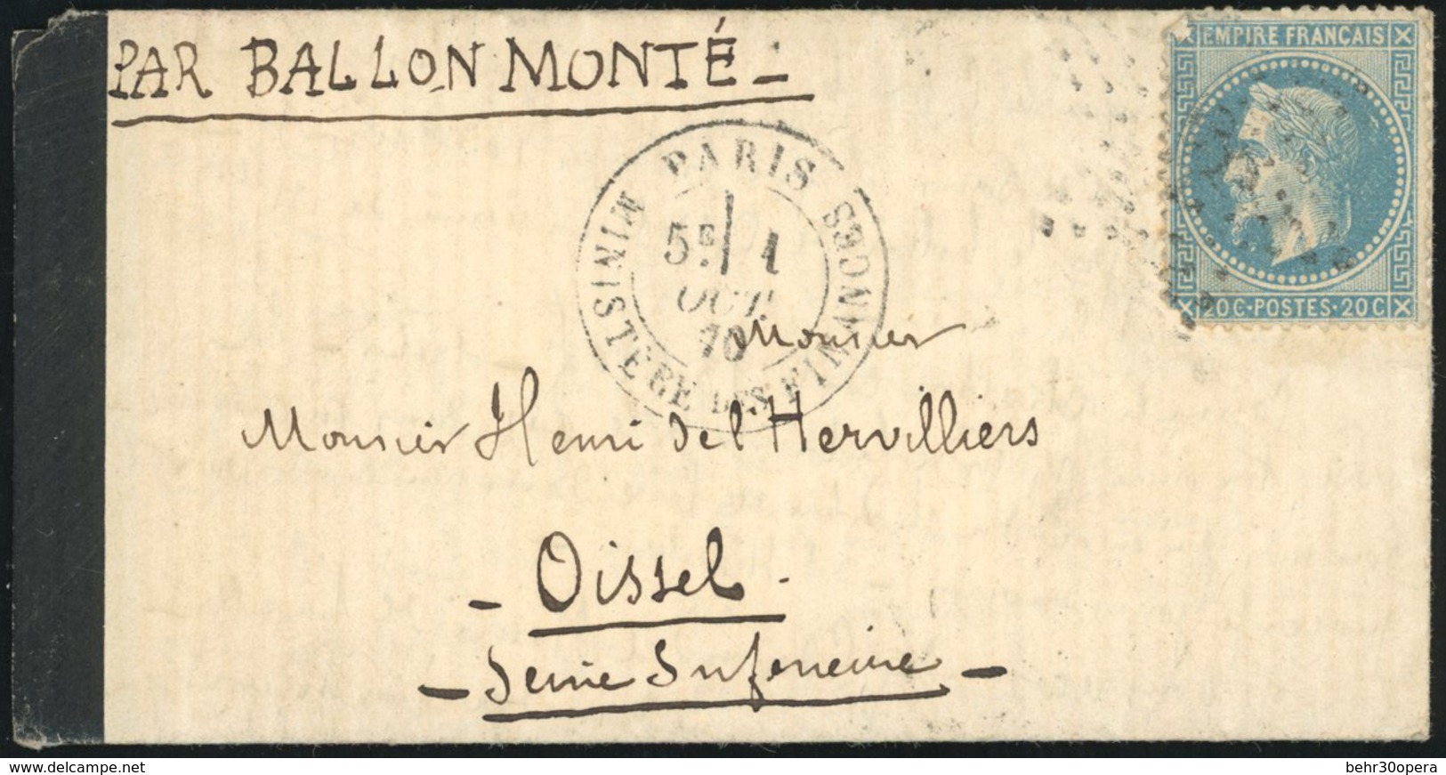 O L'ARMAND BARBES. 20c. Laurés Obl. étoile S/lettre Frappée Du CàD De PARIS - MINISTERE DES FINANCES Du 1er Octobre 1870 - Krieg 1870