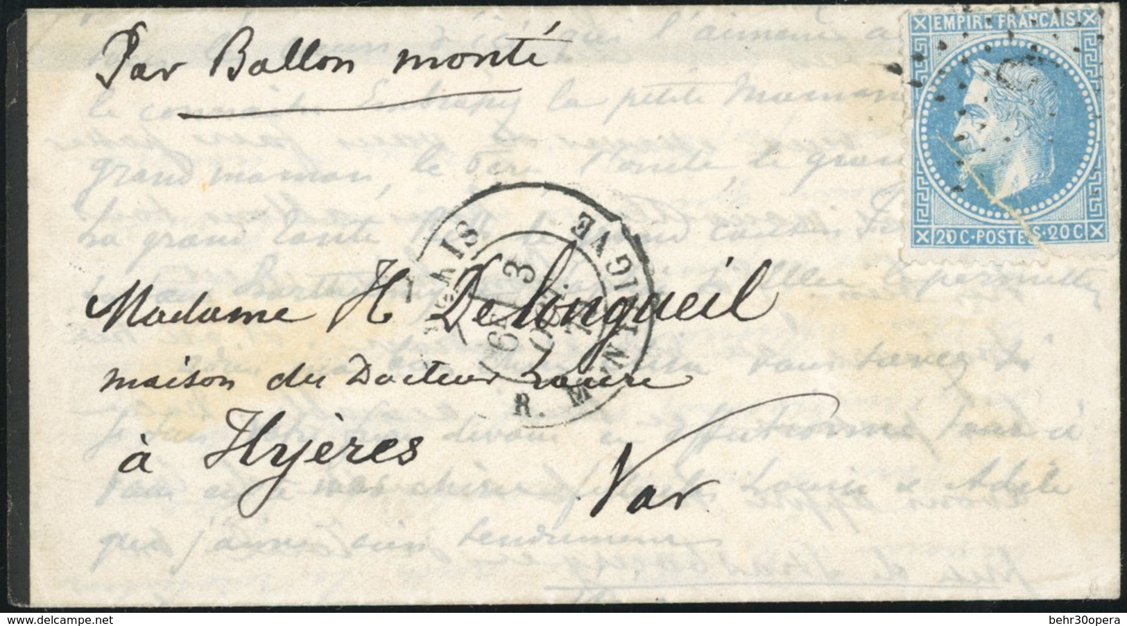 O L'ARMAND BARBES. 20c. Laurés (déf.) Obl. GC 9 S/lettre Frappée Du CàD De PARIS - R. MONTAIGNE Du 3 Octobre 1870 à Dest - Krieg 1870