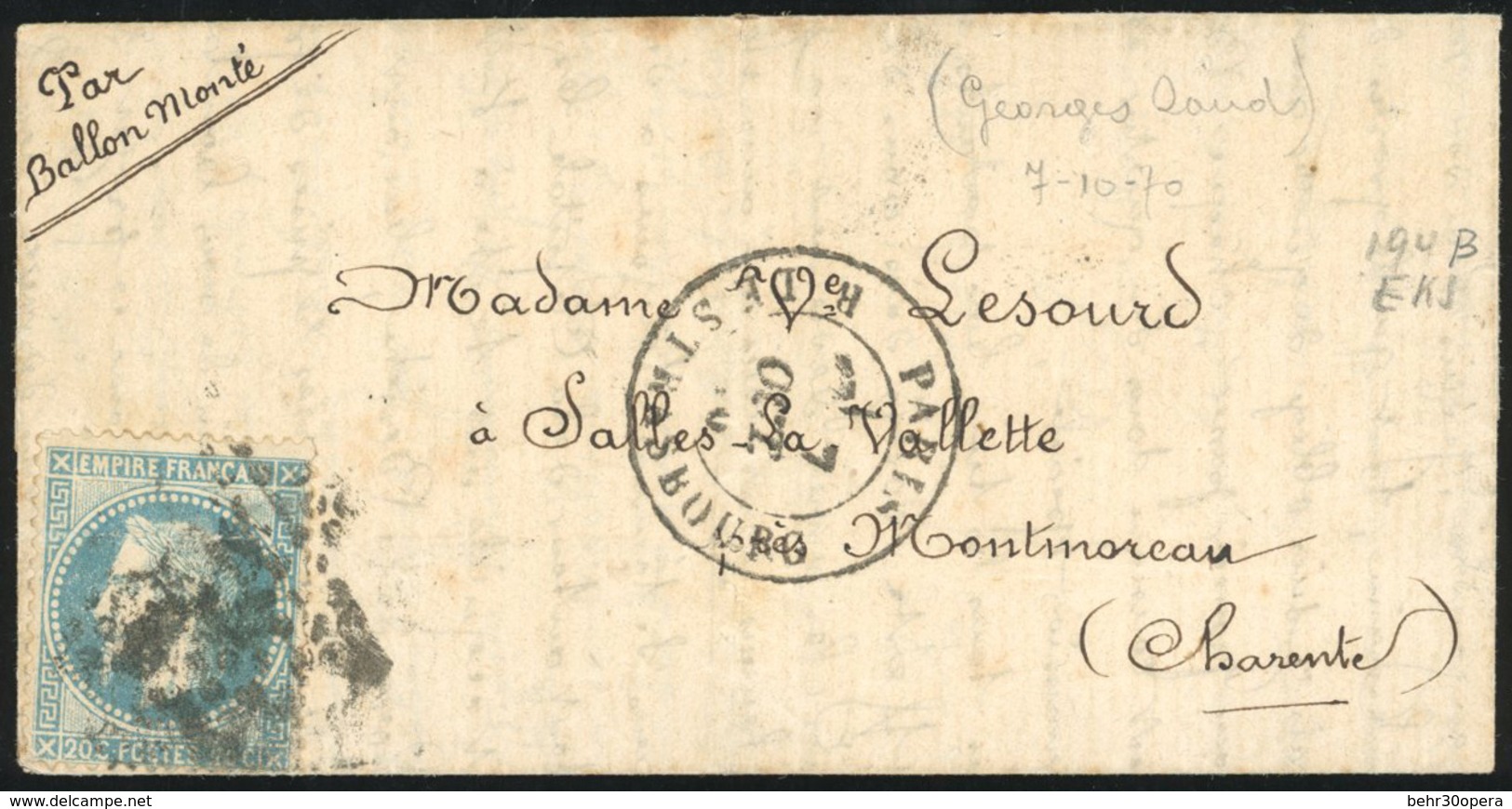 O LE WASHINGTON. 20c. Lauré Obl. étoile S/lettre Frappée Du CàD De PARIS - R. DE STRASBOURG Du 7 Octobre 1870 à Destinat - Krieg 1870