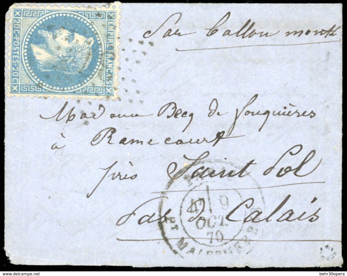 O LE WASHINGTON. 20c. Laurés Obl. étoile GC 37 S/petite Lettre Frappée Du CàD De PARIS - BLD MALHERBES Du 9 Octobre 1870 - War 1870