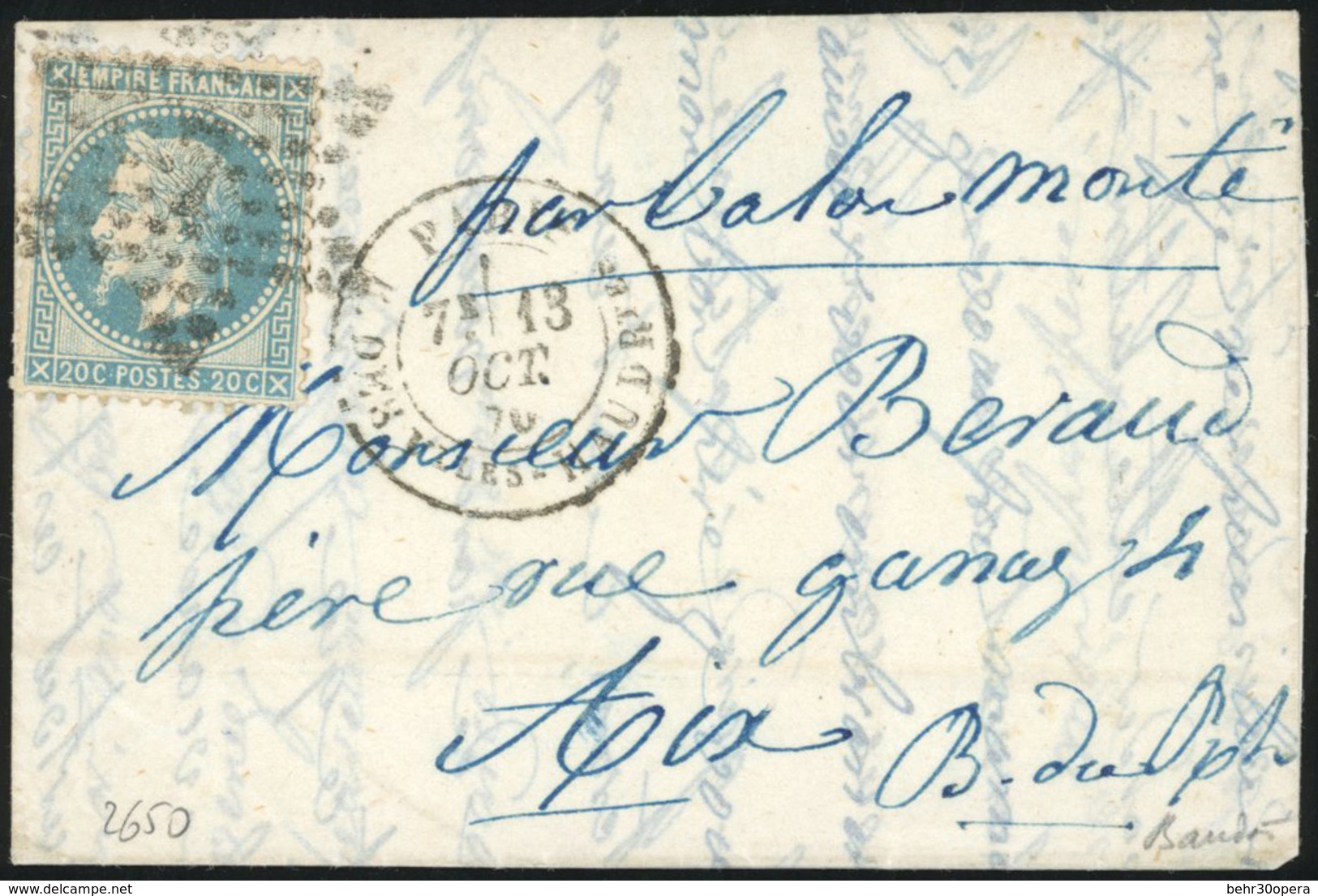 O LE GODEFROY CAVAIGNAC. 20c. Laurés Obl. étoile 7 S/lettre Frappée Du CàD De PARIS - R. DES Villes HAUDRtes Du 13 Octob - Krieg 1870