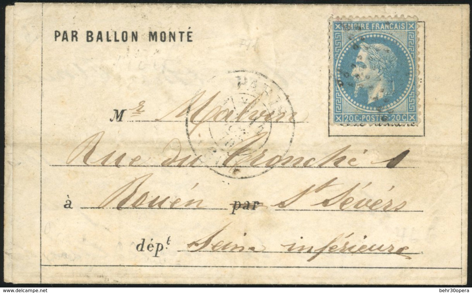 O LE JULES FAVRE N°1. 20c. Laurés Obl. étoile S/lettre Frappée Du Cachet Avec Section De Levée * De PARIS (60) Du 14 Oct - Krieg 1870