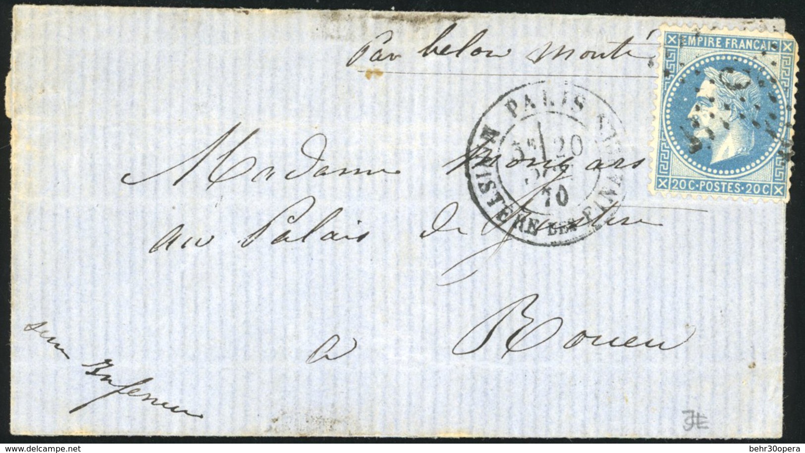 O LE GARIBALDI. 20c. Laurés Obl. étoile ''5'' S/lettre Frappée Du CàD De PARIS - MINISTERE DES FINANCES Du 20 Octobre 18 - War 1870