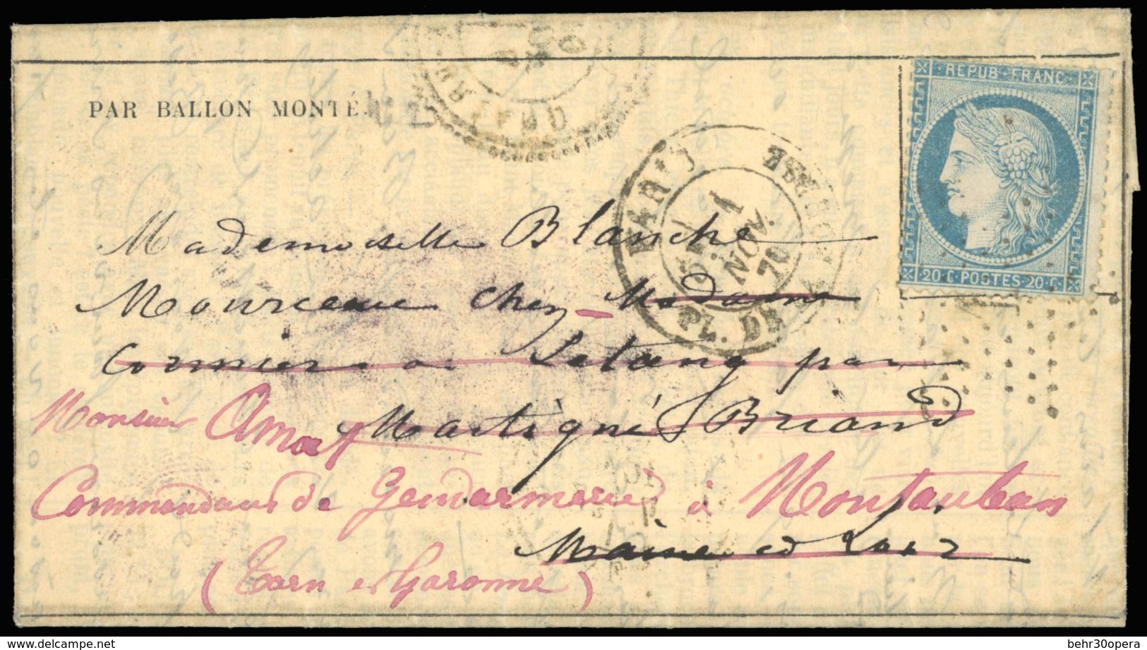 O LE FULTON. 20c. Siège Obl. étoile 1 S/Gazette Des Absents N°2 Frappée Du CàD Du 1er Novembre 1870 à Destination Du MAI - Krieg 1870