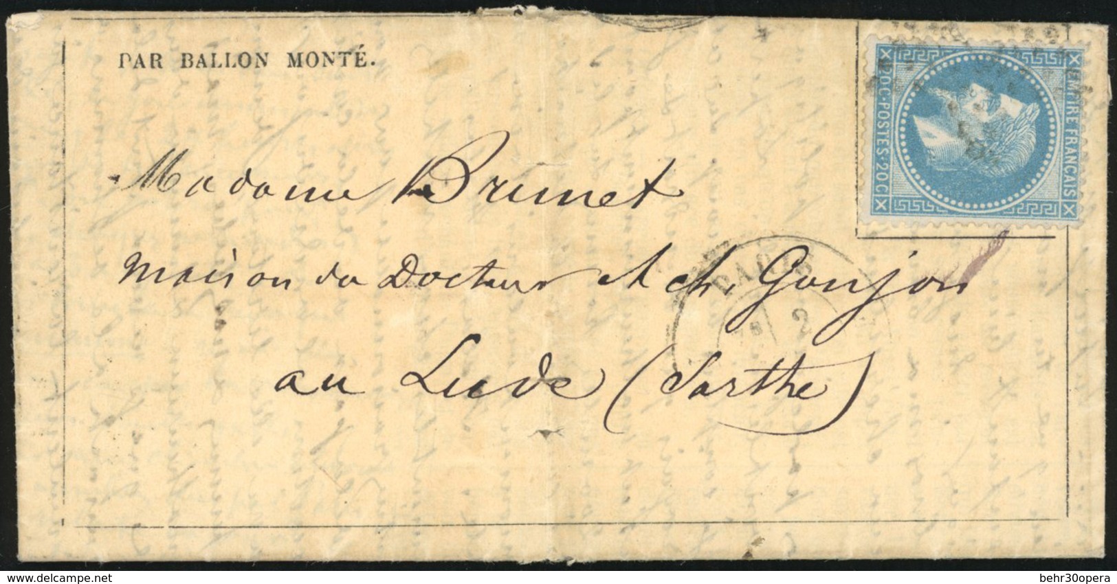 O LE FERDINAND FLOCON. 20c. Siège Obl. étoile S/Gazette Des Absents N°4 Frappée Du CàD De PARIS Du 2 Novembre 1870 à Des - Oorlog 1870