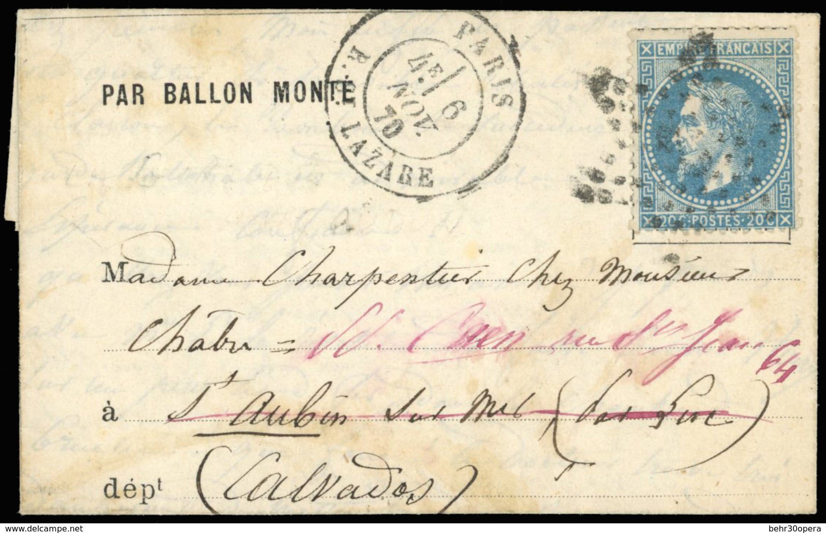 O LE GIRONDE. 20c. Lauré Obl. étoile 2 S/formule Imprimée Frappée Du CàD De PARIS - R. ST-LAZARE Du 6 Novembre 1870 à De - Krieg 1870