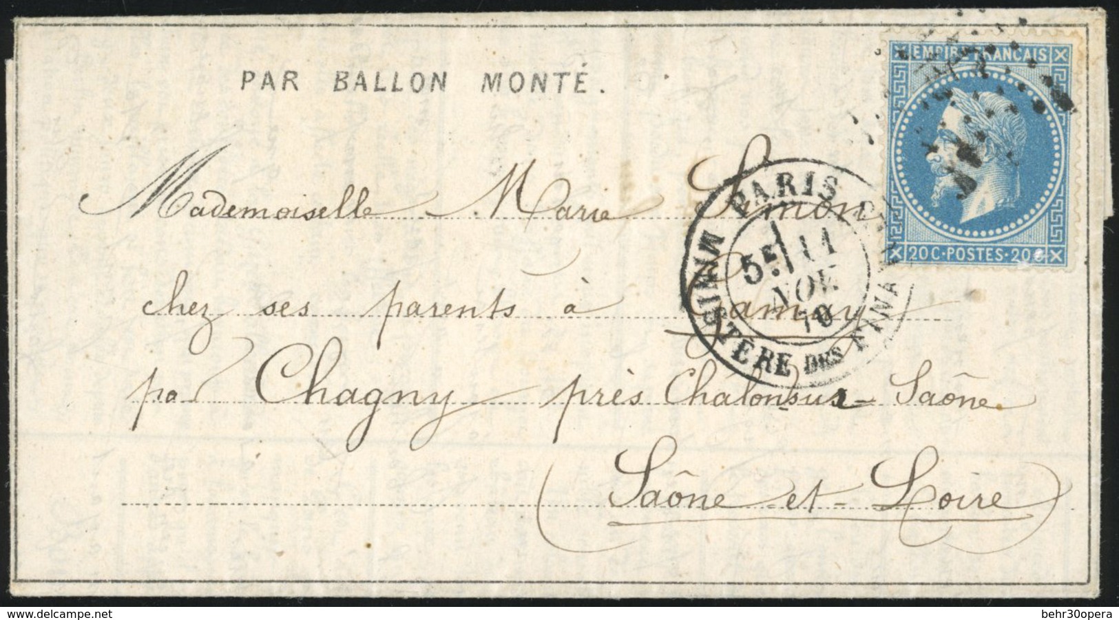 O DAGUERRE. 20c. Siège Obl. S/Dépêche-Ballon N°4 Frappée Du CàD De PARIS - MINISTERE DES FINANCES Du 11 Novembre 1870 à  - Krieg 1870