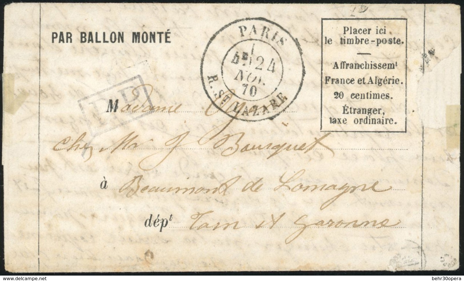 O LE JACQUARD. Formule Imprimée (timbre Absent) Frappée Du CàD De PARIS - R. ST LAZARE Du 24 Novembre 1870 à Destination - Oorlog 1870