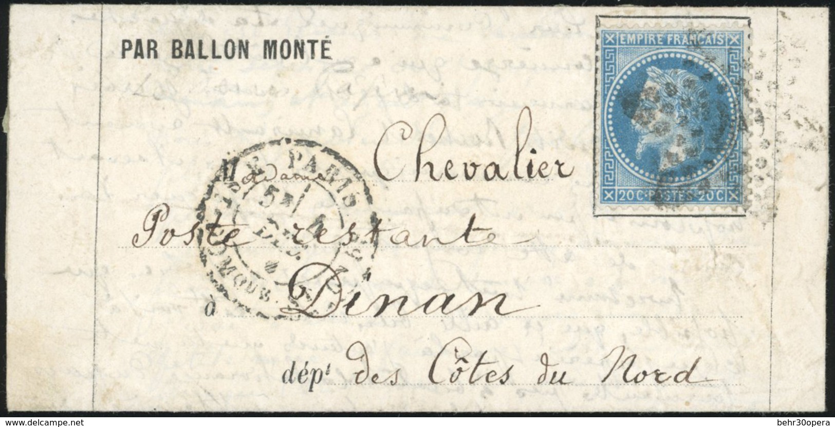 O LE FRANKLIN. 20c. Lauré Obl. étoile S/formule Imprimée Frappée Du CàD De PARIS - R. ST-DOMINIQUE Du 4 Décembre 1870 à  - Krieg 1870