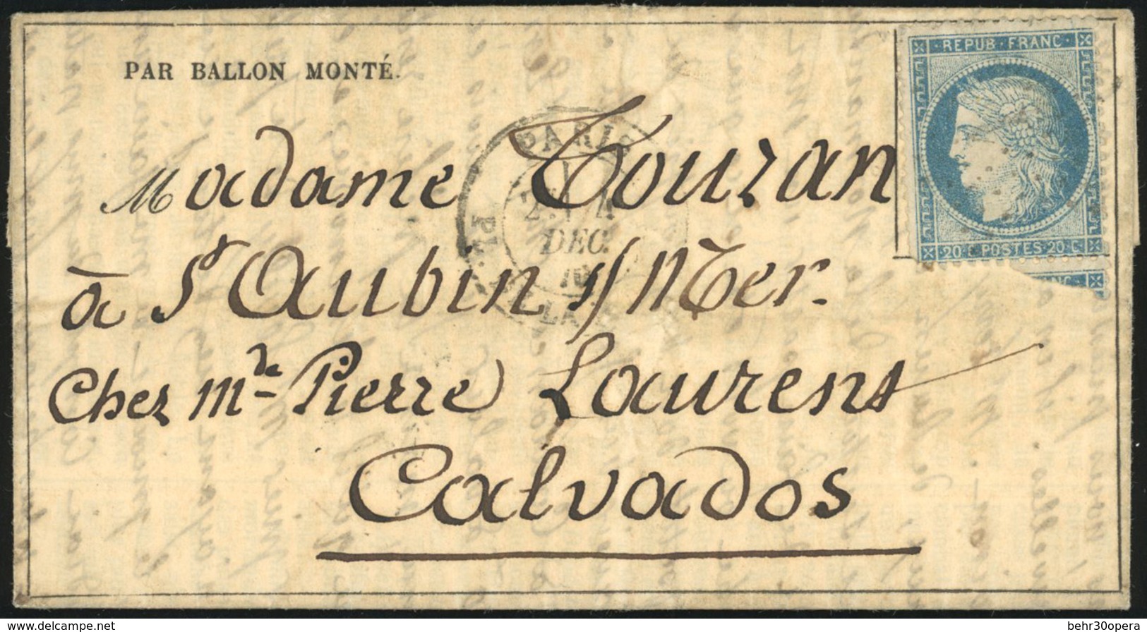 O LE FRANKLIN. 20c. Siège Obl. étoile S/Gazette Des Absents N°13 Frappée Du CàD De PARIS - PL. DE LA BOURSE Du 4 Décembr - Oorlog 1870