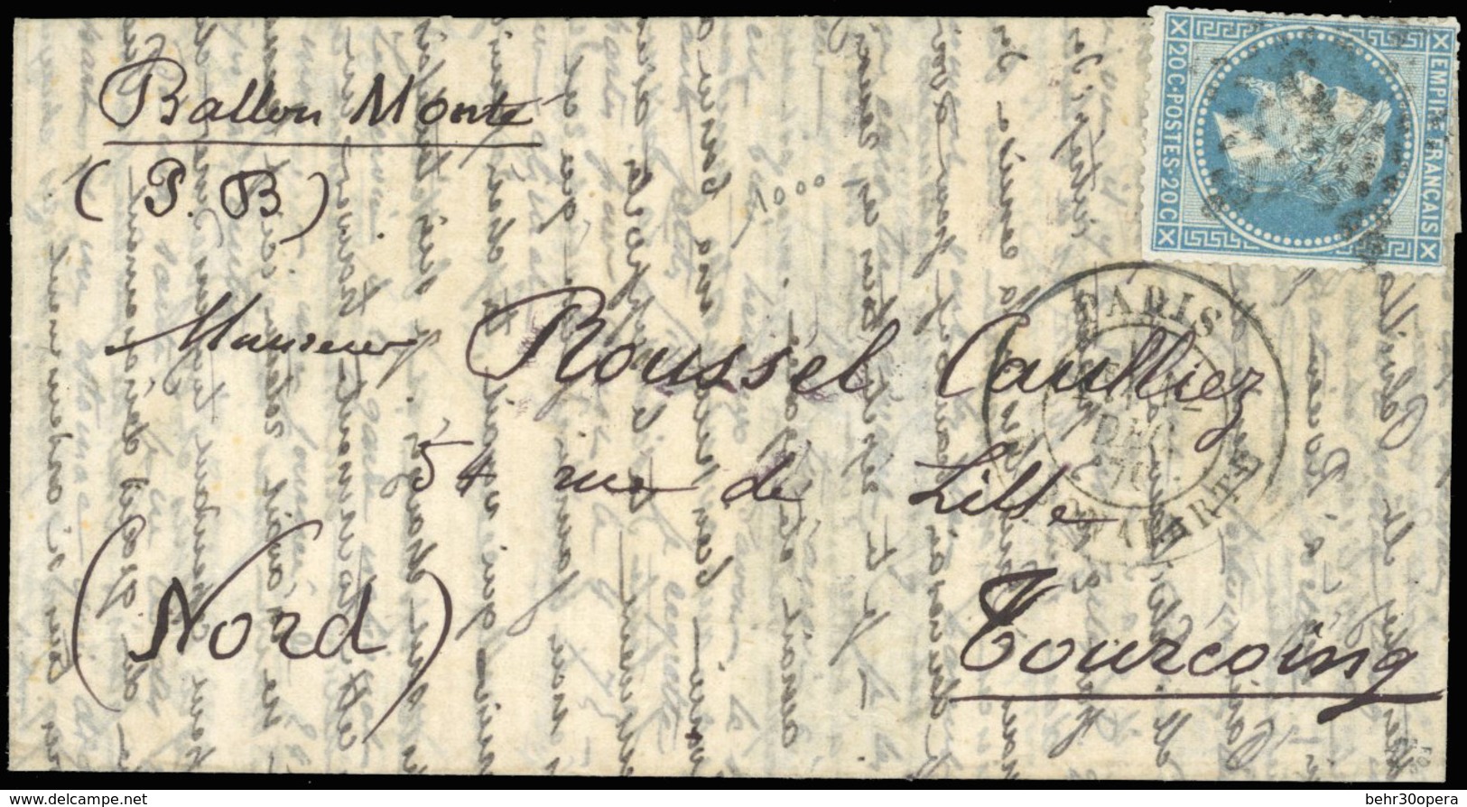 O VILLE DE PARIS. 20c. Bleu. Obl. étoile '15' Sur Lettre Frappée Du CàD De PARIS - RUE BONAPARTE Du 12 DECEMBRE 1870 à D - Oorlog 1870