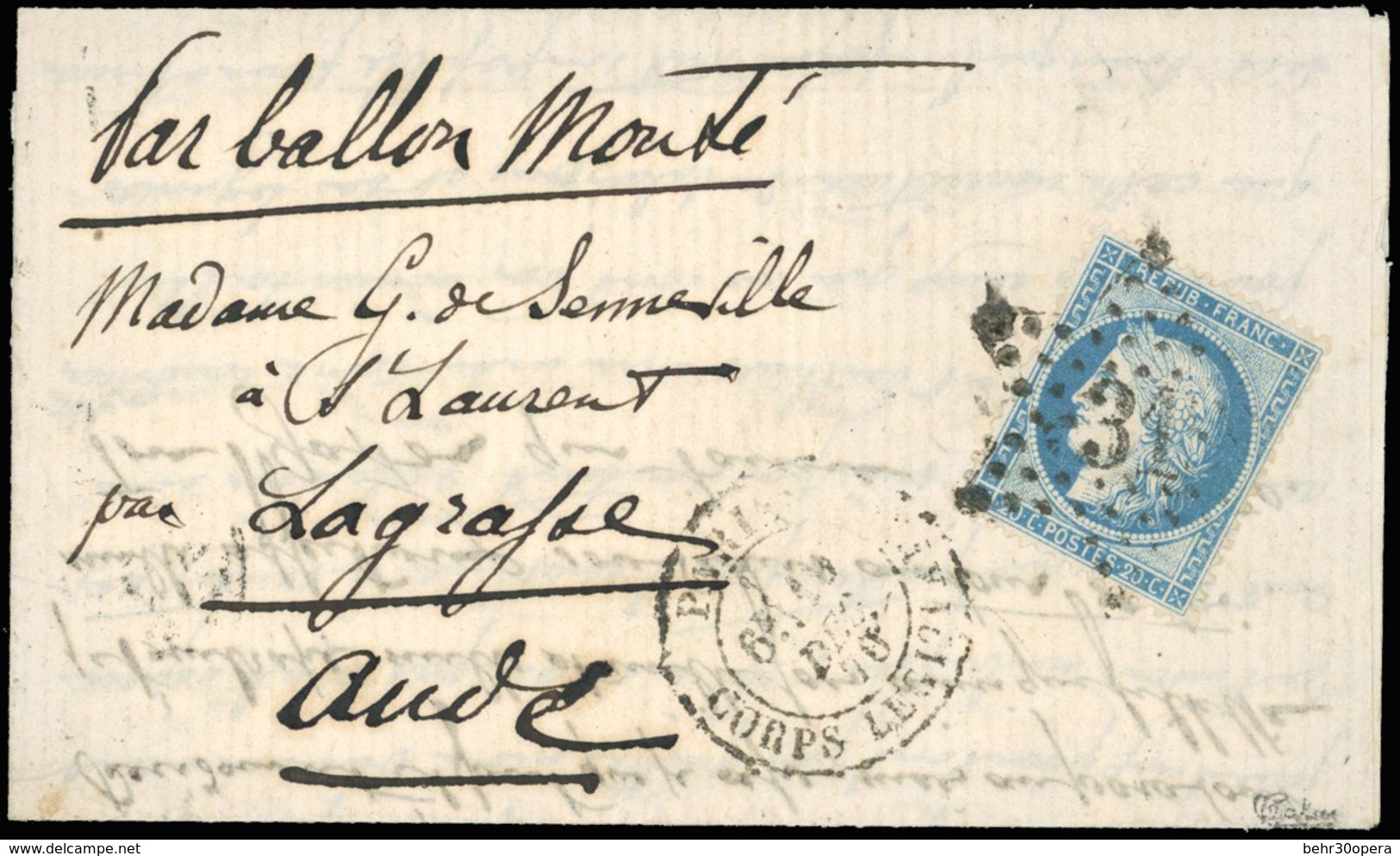 O LE LAVOISIER. 20c. Siège Obl. étoile 31 S/lettre Frappée Du CàD De PARIS - CORPS LEGISLATIF Du 19 Décembre 1870 à Dest - Krieg 1870