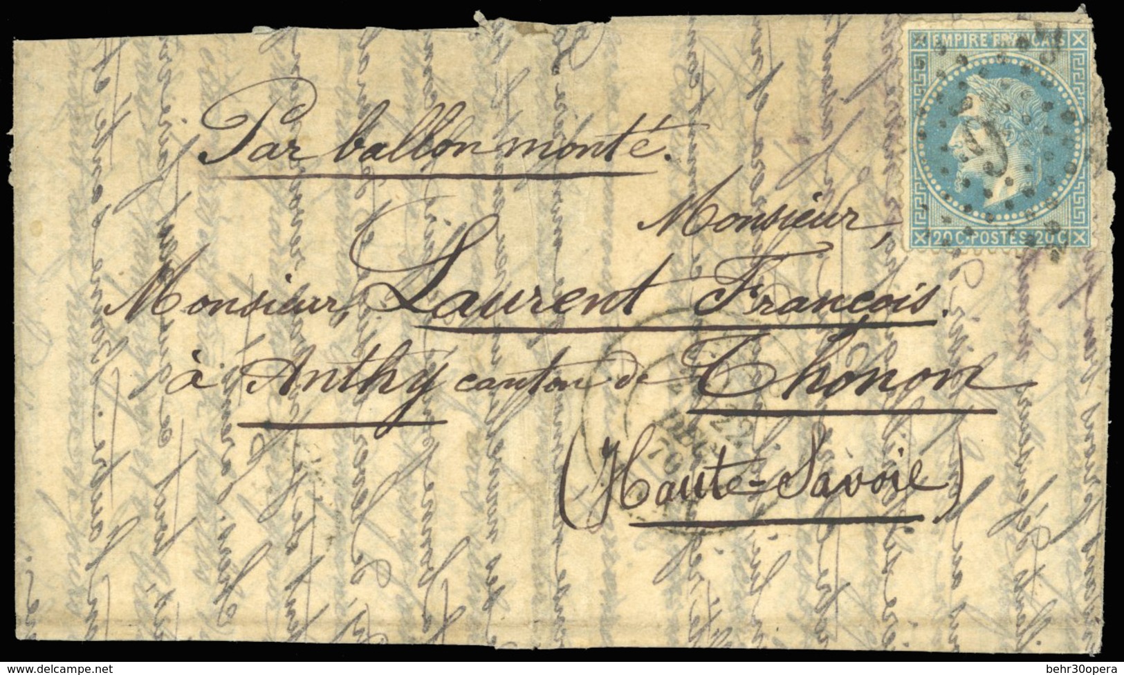 O LE DELIVRANCE. 20c. Lauré Obl. étoile 6 S/lettre Frappée Du CàD De PARIS - SENAT Du 22 Décembre 1870 à Destination De  - Oorlog 1870