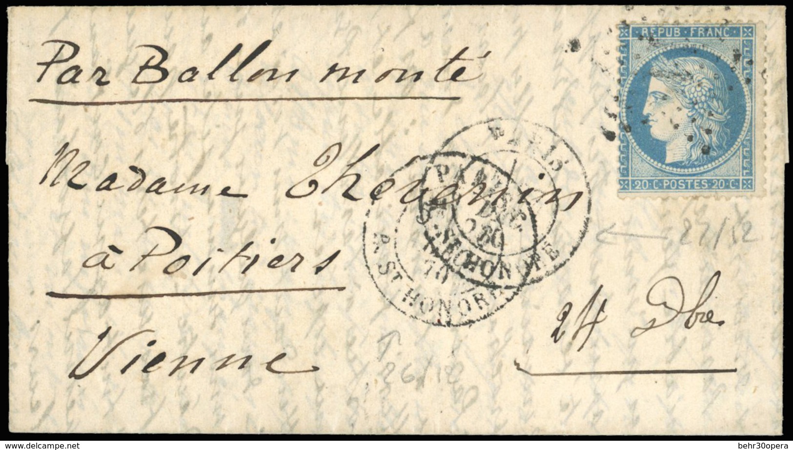 O LA BAYARD. 20c. Siège Obl. étoile 11 S/lettre Frappée Du CàD De PARIS - R. ST-HONORE Du 26 Et Du 27 Décembre 1870 à De - Krieg 1870