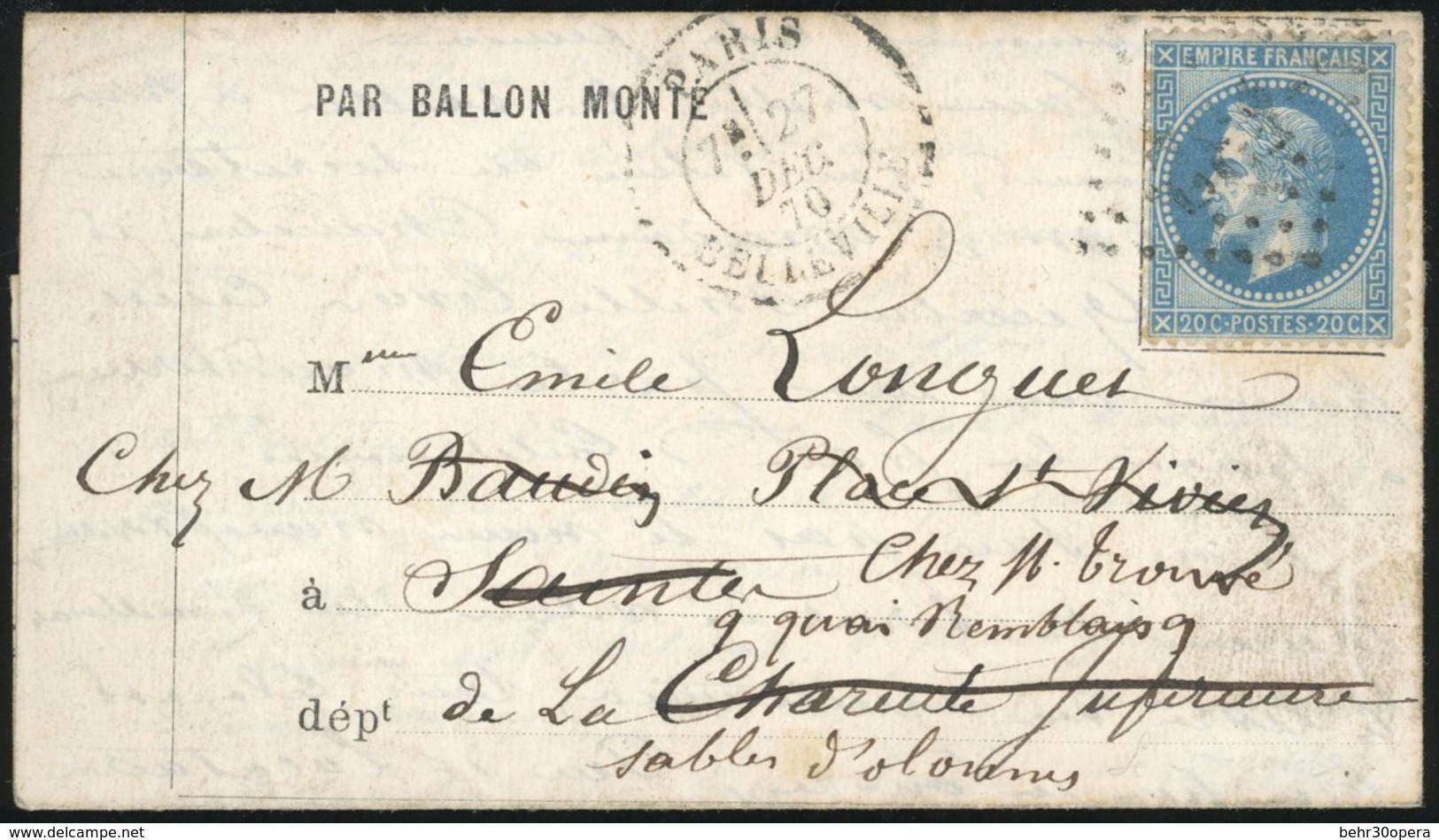 O LE BAYARD. 20c. Laurés Obl. Losange 432 S/Formule Imprimée Frappée Du CàD De PARIS - BELLEVILLE Du 27 Décembre 1870 à  - Krieg 1870