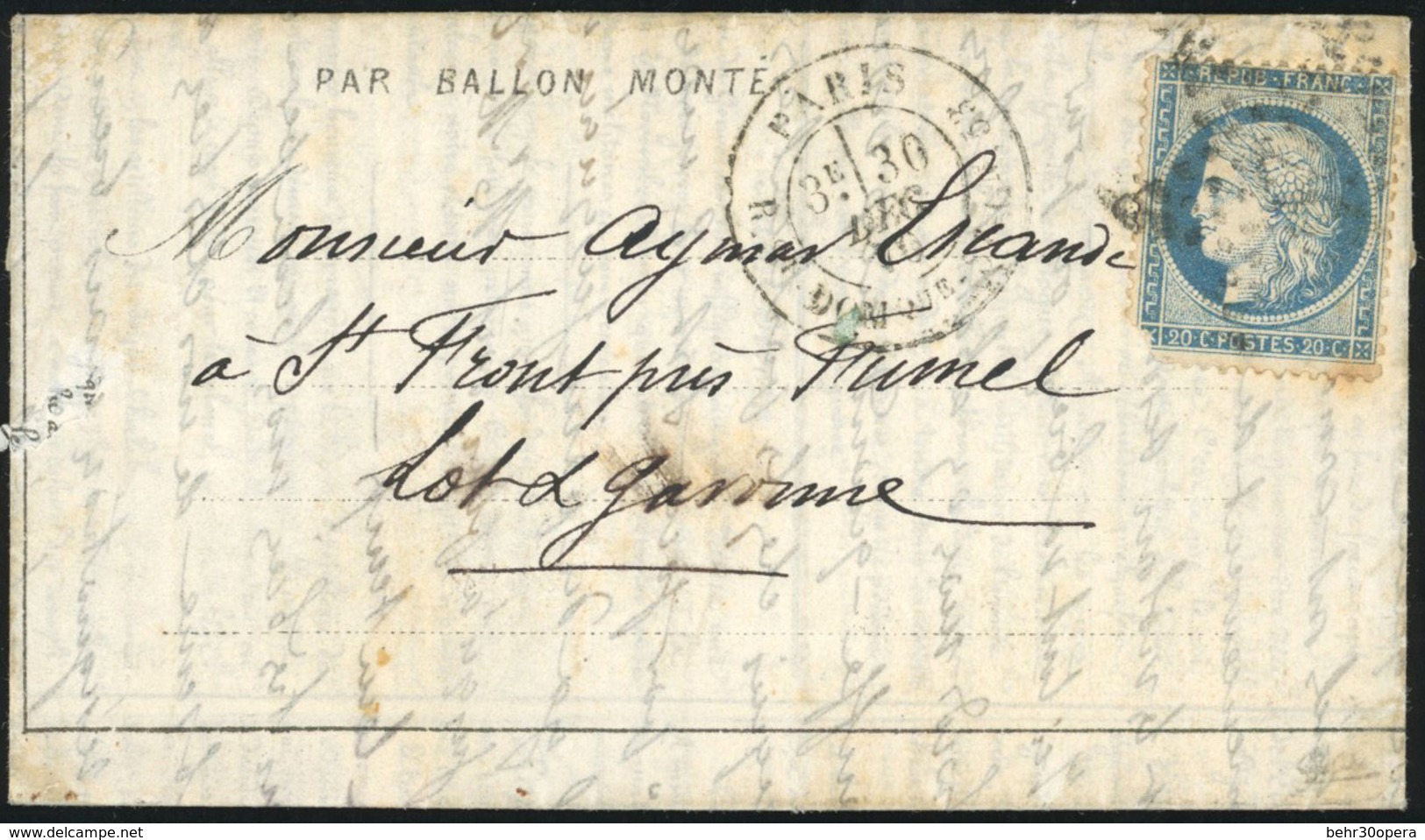 O L'ARMEE DE LA LOIRE. 20c. Siège (déf.) Obl. étoile S/Dépêche-Ballon N°18 Frappée Du CàD De PARIS - R. ST-DOMINIQUE Du  - Krieg 1870