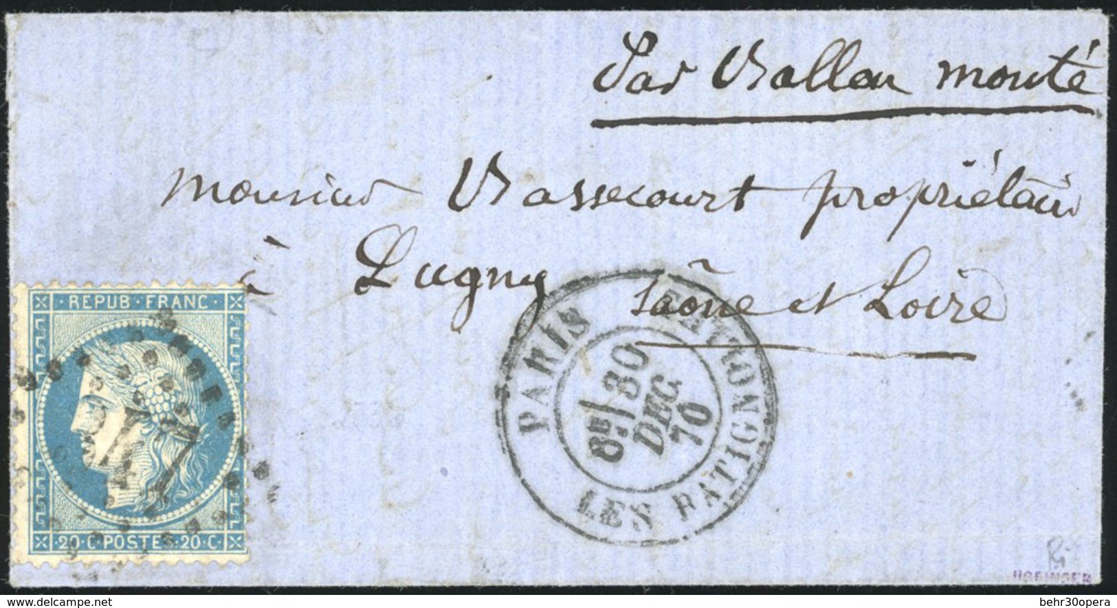 O LE NEWTON. 20c. Siège Obl. GC 347 S/lettre Frappée Du CàD De PARIS - LES BATIGNOLES Du 30 Décembre 1870 à Destination  - Krieg 1870