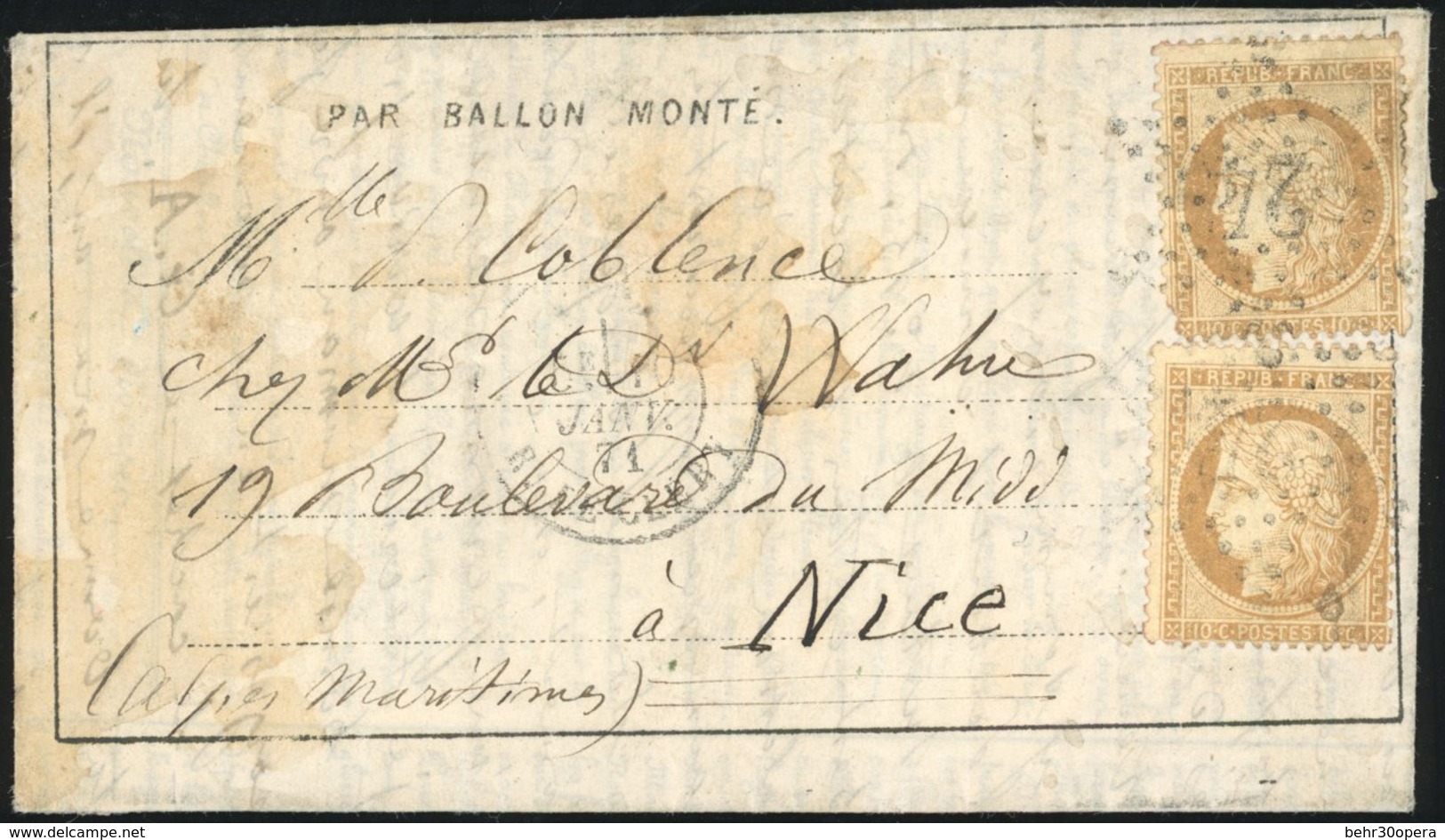 O LE KEPLER. 10c. Siège X 2 Obl. étoile 24 S/Dépêche-Ballon N°22 Frappée Du CàD De PARIS - R. DE CLERY Du 10 Janvier 187 - Oorlog 1870