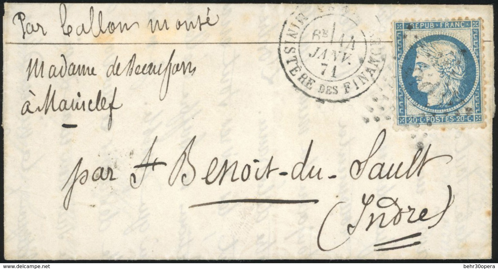 O LE VAUCANSON. 20c. Siège Obl. étoile S/lettre Frappée Du CàD De PARIS - MINISTERE DE FINANCES Du 14 Janvier 1871 à Des - Oorlog 1870