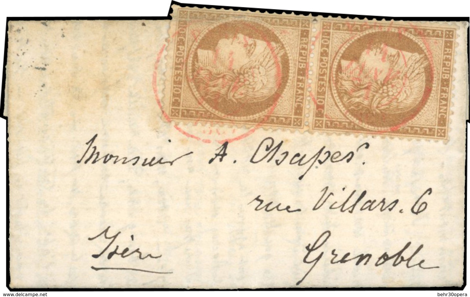 O LE VAUCANSON. Paire Du 10c. Siège Obl. PARIS SC En Rouge Du 14 Janvier 1871 S/lettre Manuscrite Du 11 Janvier 1871 à D - Oorlog 1870