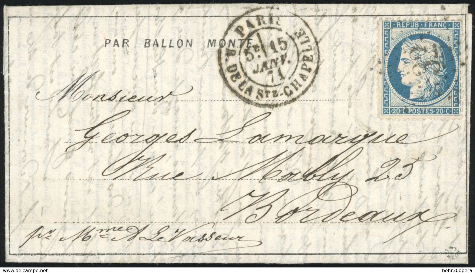 O LE POSTE DE PARIS. 20c. Siège Obl. étoile 32 S/Dépêche-Ballon N°23 Frappée Du CàD De PARIS - R. DE LA STE-CHAPELLE Du  - Oorlog 1870