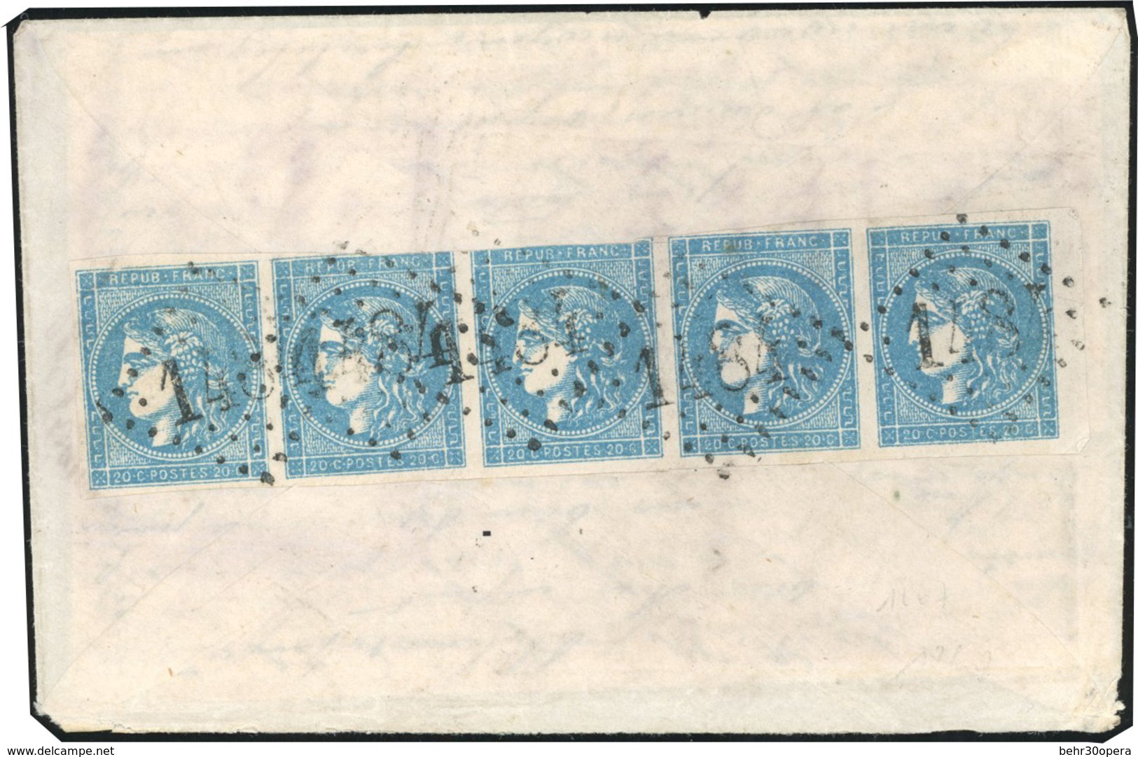 O Bande De 5 (2 Timbres Touchés) Du 20c. Bleu, Type 2 Report III Obl. GC 1484 S/lettre Frappée Du CàD De FERNEX Du 4 Jan - Oorlog 1870