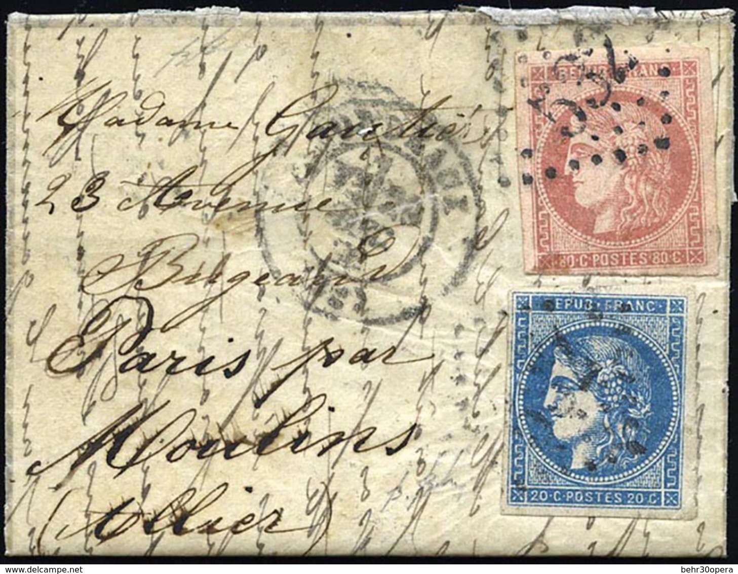 O 20c. + 80c. Obl. GC 532 S/petite Lettre Frappée Du Càd De BORDEAUX Du 29 Décembre 1870 à Destination De PARIS Par MOUL - Oorlog 1870