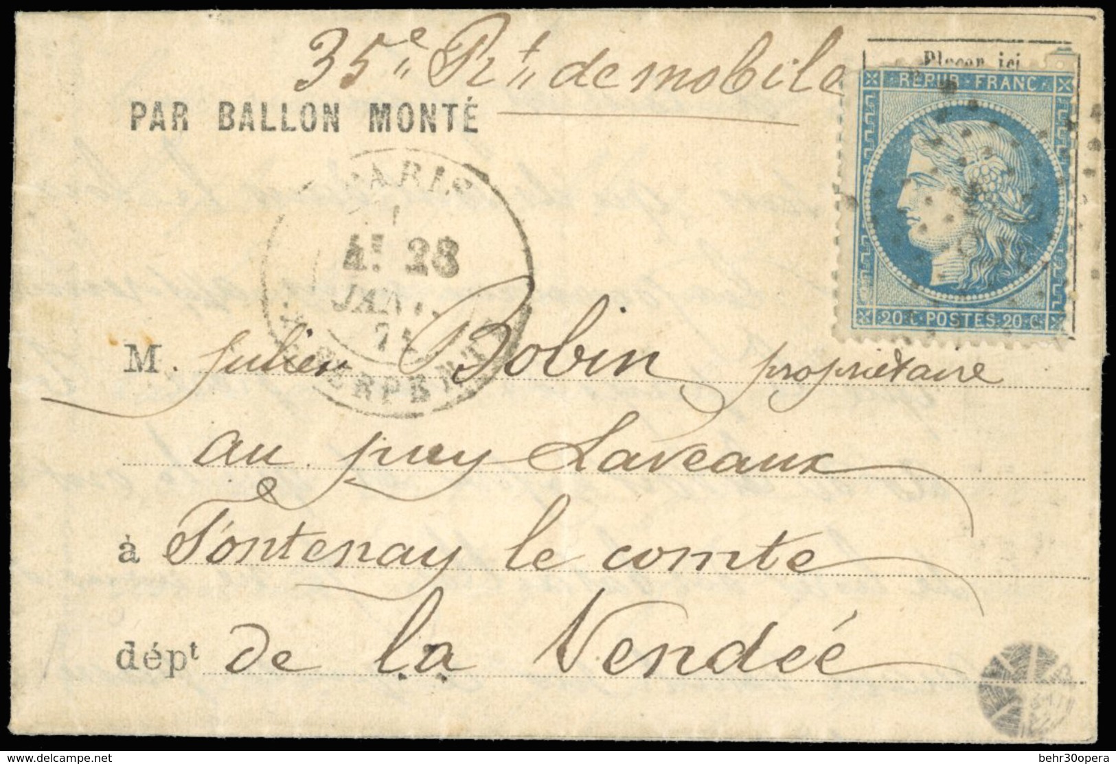 O 20c. Siège Obl. étoile 25 S/formule Imprimée Frappée Du CàD De PARIS - R. SERPENTE Du 28 Janvier 1871 à Destination De - Krieg 1870