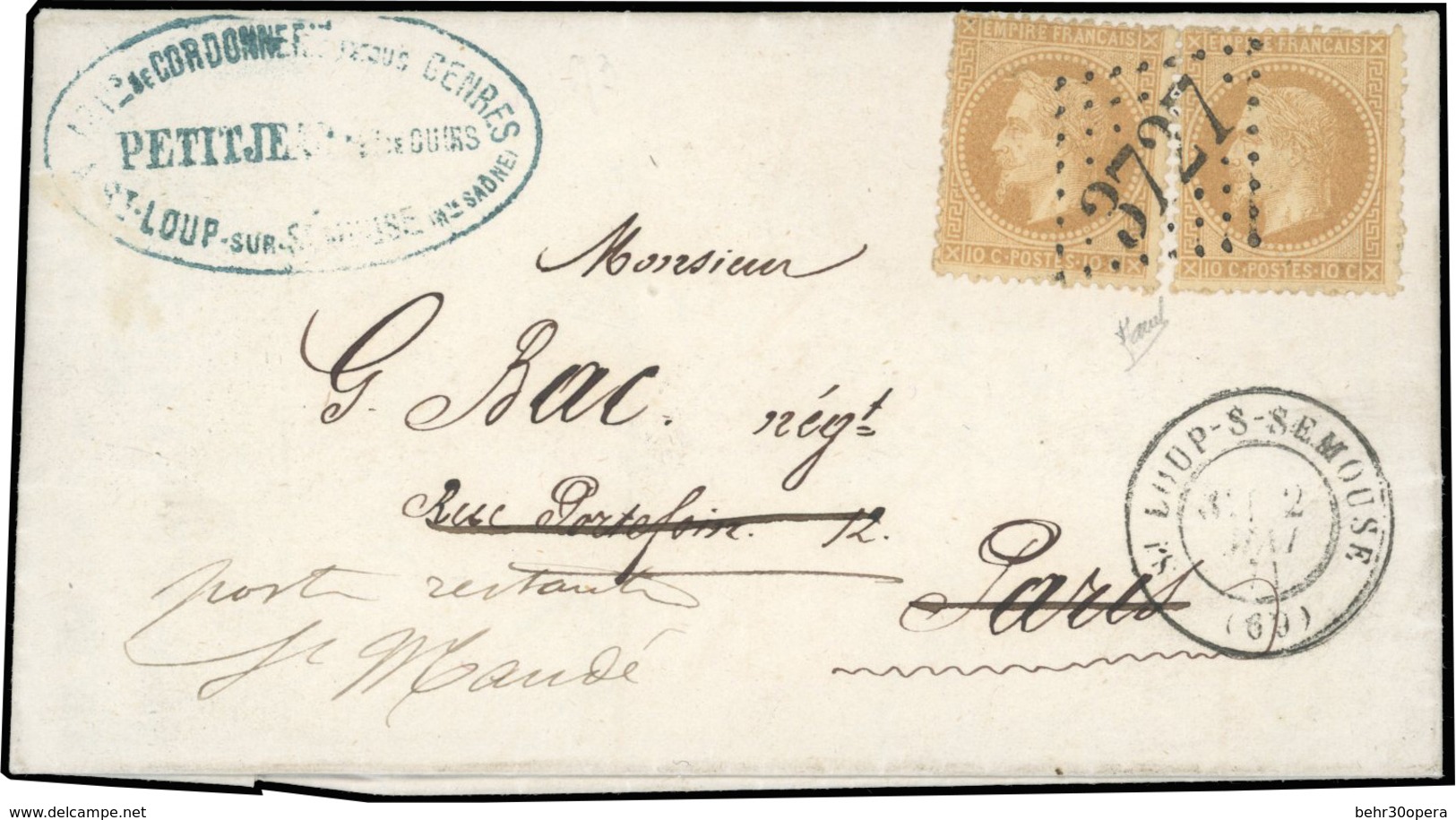 O 10c. Bistre X 2 Obl. GC 3727 S/lettre Frappée Du CàD De ST-LOUP-S-SEMOUSE Du 2 Mai 1871 à Destination De PARIS. Réexpé - Krieg 1870