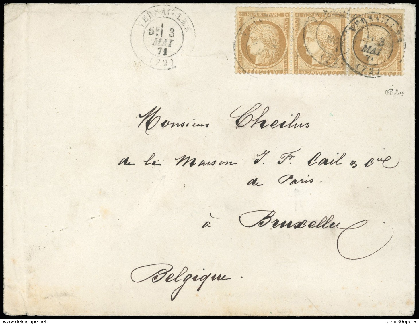 O Bande De 3 Du 10c. Siège Obl. S/lettre Frappée Du CàD De VERSAILLES Du 3 Mai 1871 à Destination De La Maison ''J.F. CA - Krieg 1870