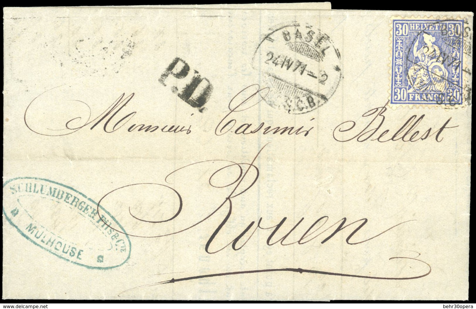 O Lettre De MULHOUSE Du 22 Avril 1871 à Destination De ROUEN. Acheminée En SUISSE Et Affranchie Avec Un 30c. Helvétie Fr - Sonstige & Ohne Zuordnung