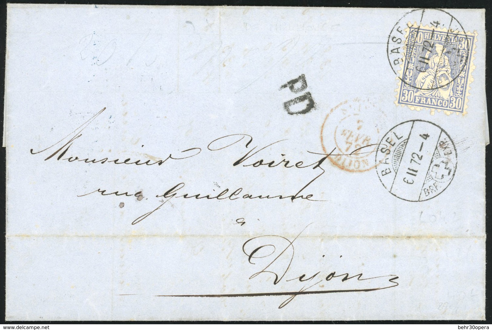 O Lettre De MULHOUSE Acheminée Par BASEL Le 6 II 72 Pour DIJON. Cachet Rouge D'arrivée Au Recto De DIJON Du 7 Février 18 - Sonstige & Ohne Zuordnung