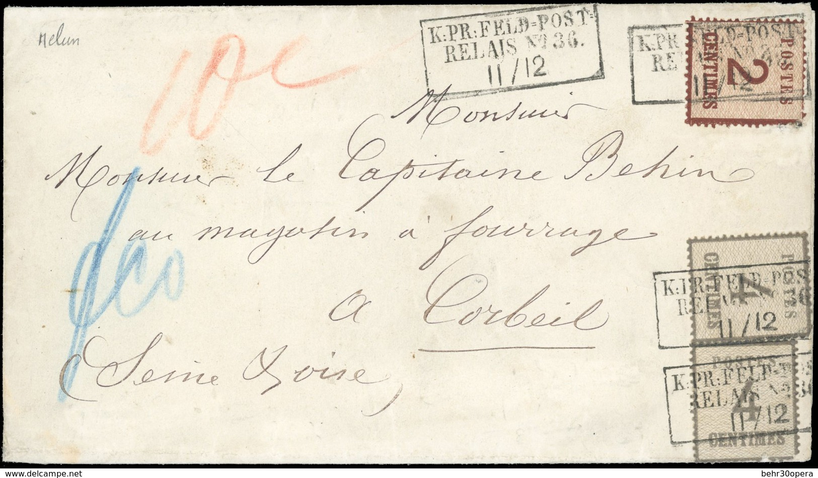 O 2c. Et 2 X 4c. Obl. FELPOST RELAIS N°36 Du 11 DECEMBRE Sur Lettre à Destination De CORBEIL (SEINE ET OISE). Lettre Loc - Sonstige & Ohne Zuordnung