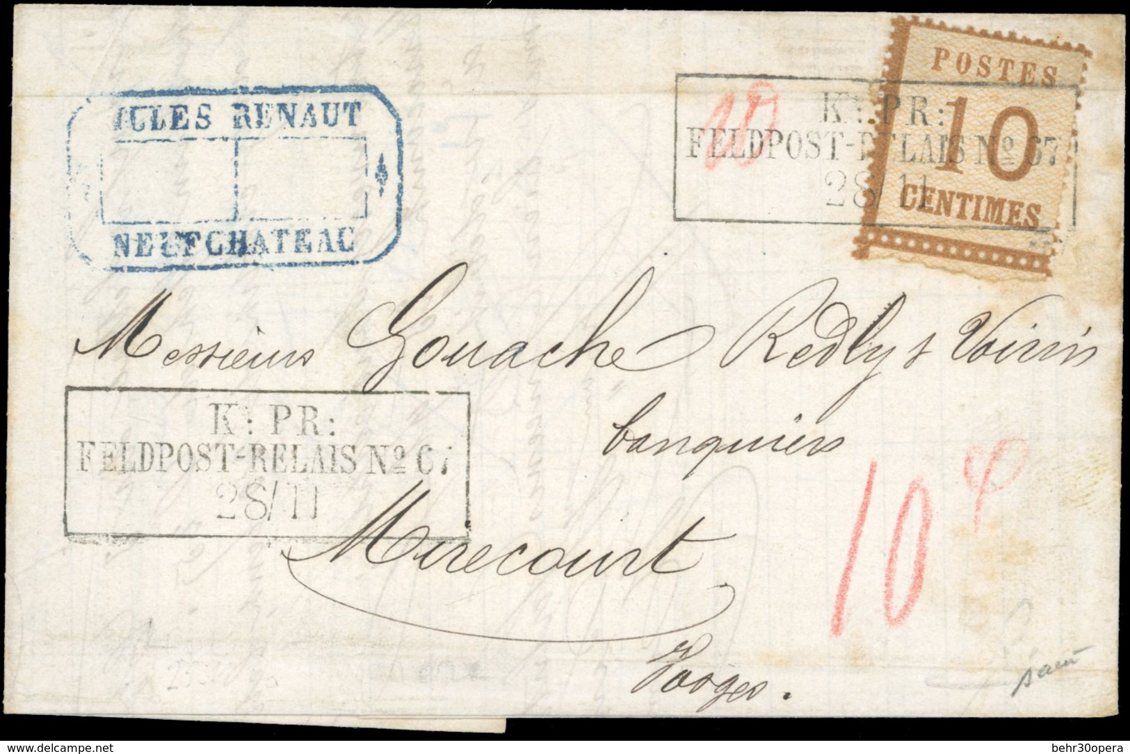 O 10c. Obl. FELDPOST RELAIS N°67 S/lettre De NEUFCHATEAU Du 19 Novembre 1870 à Destination De MIRECOURT - VOSGES. TB. - Andere & Zonder Classificatie