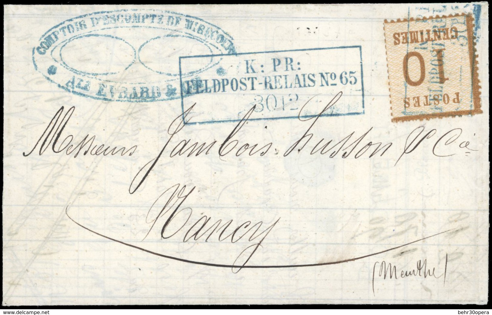 O 10c. Obl. FELDPOST RELAIS N°65 Du 30 Décembre 1870 S/lettre De MIRECOURT à Destination De NANCY - MEURTHE-ET-MOSELLE.  - Andere & Zonder Classificatie