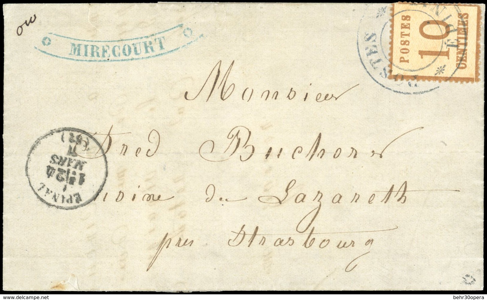 O 10c. Obl. Grand Cachet Provisoire POSTE EPINAL S/lettre Frappée Du Cachet Provisoire Tronqué De MIRECOURT Du 24 Mars 1 - Sonstige & Ohne Zuordnung