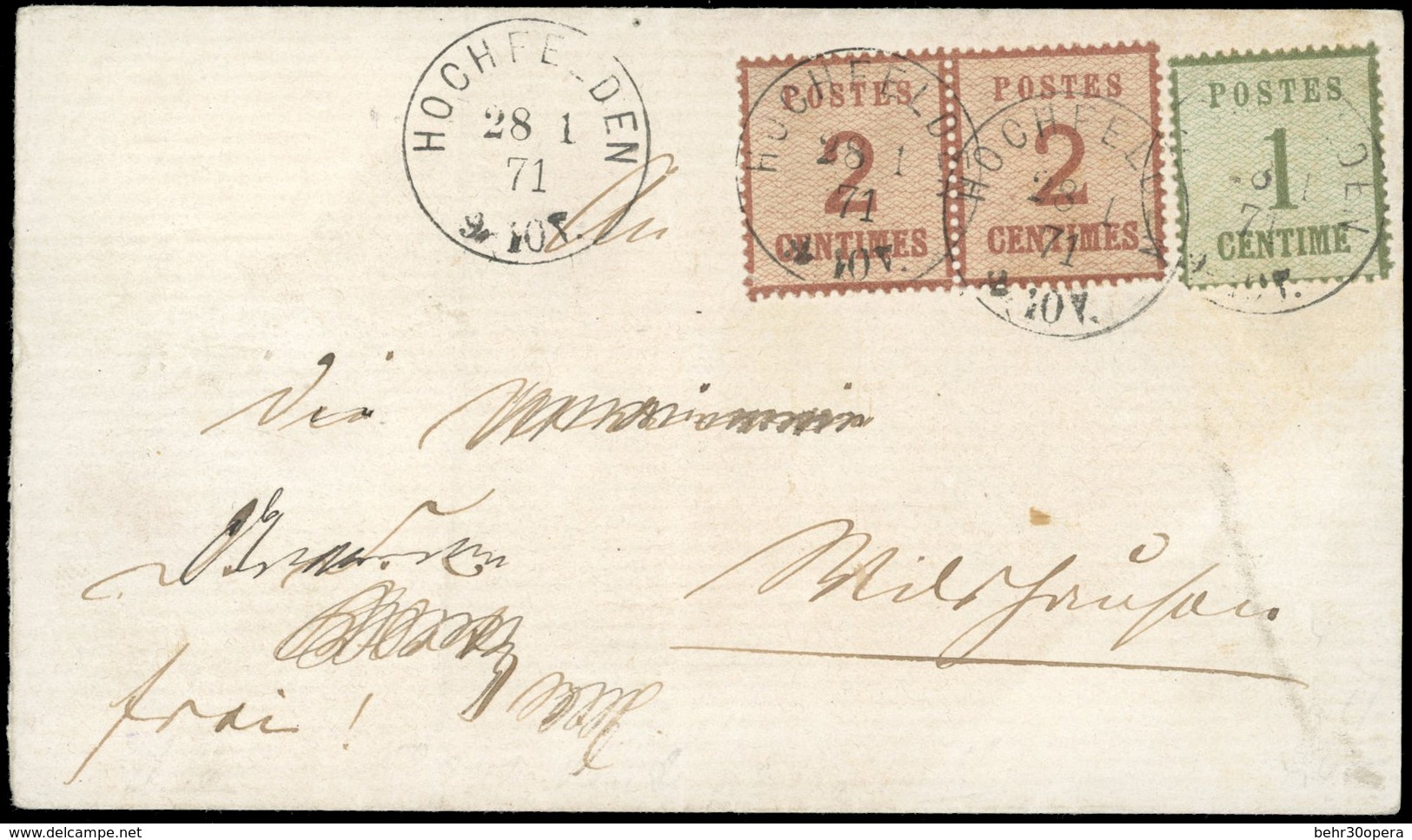 O 1c. + Paire Du 2c. Obl. Cachet Allemand D'HOCHFELDEN Du 28 Janvier 1871 En Port Local. TB. R. - Sonstige & Ohne Zuordnung