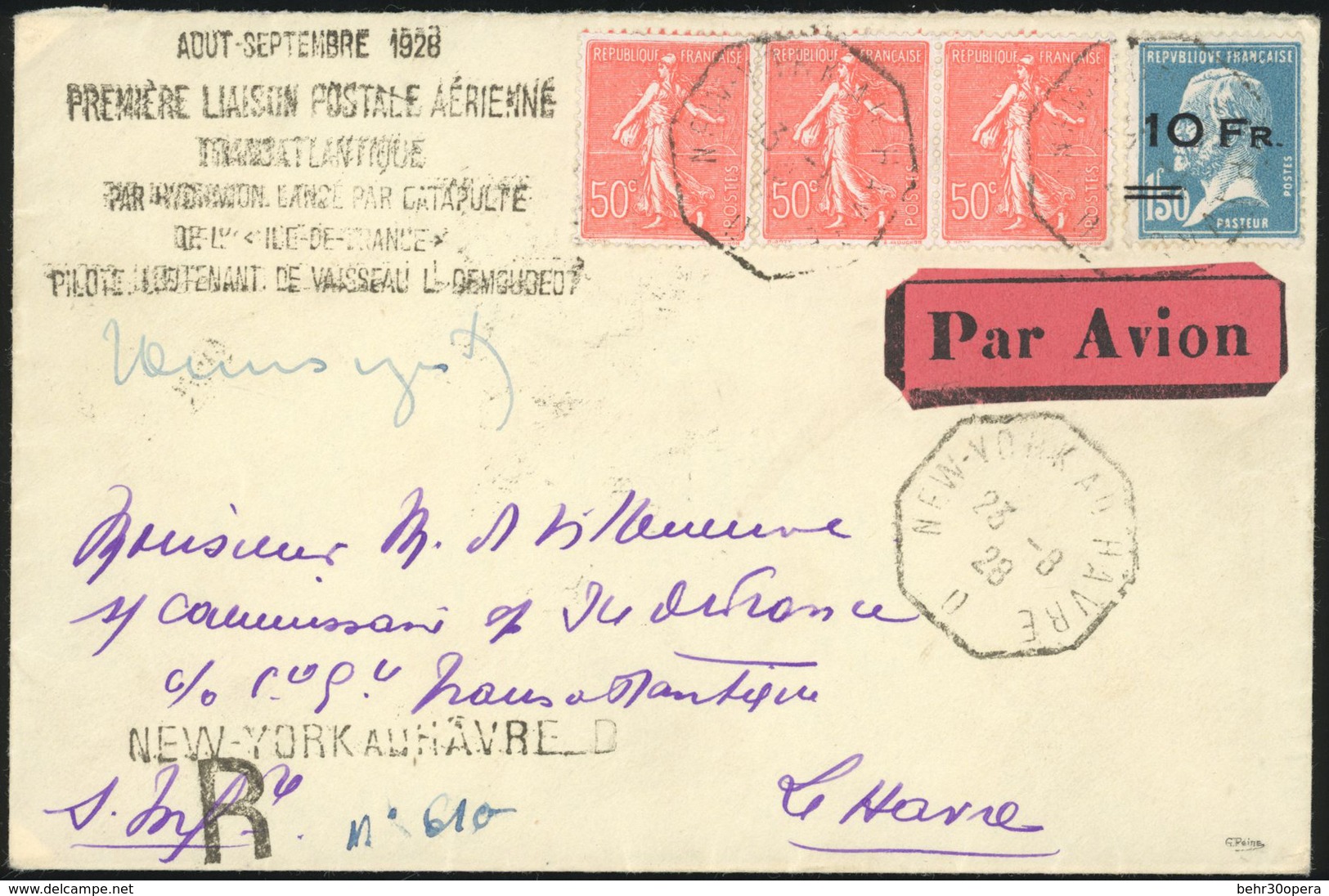 O ILE DE FRANCE. 10Fr. S/1F.50 Pasteur + N°199 X 3 Obl. S/lettre Recommandée, Frappée Du Cachet ''PREMIERE LIAISON POSTA - Andere & Zonder Classificatie