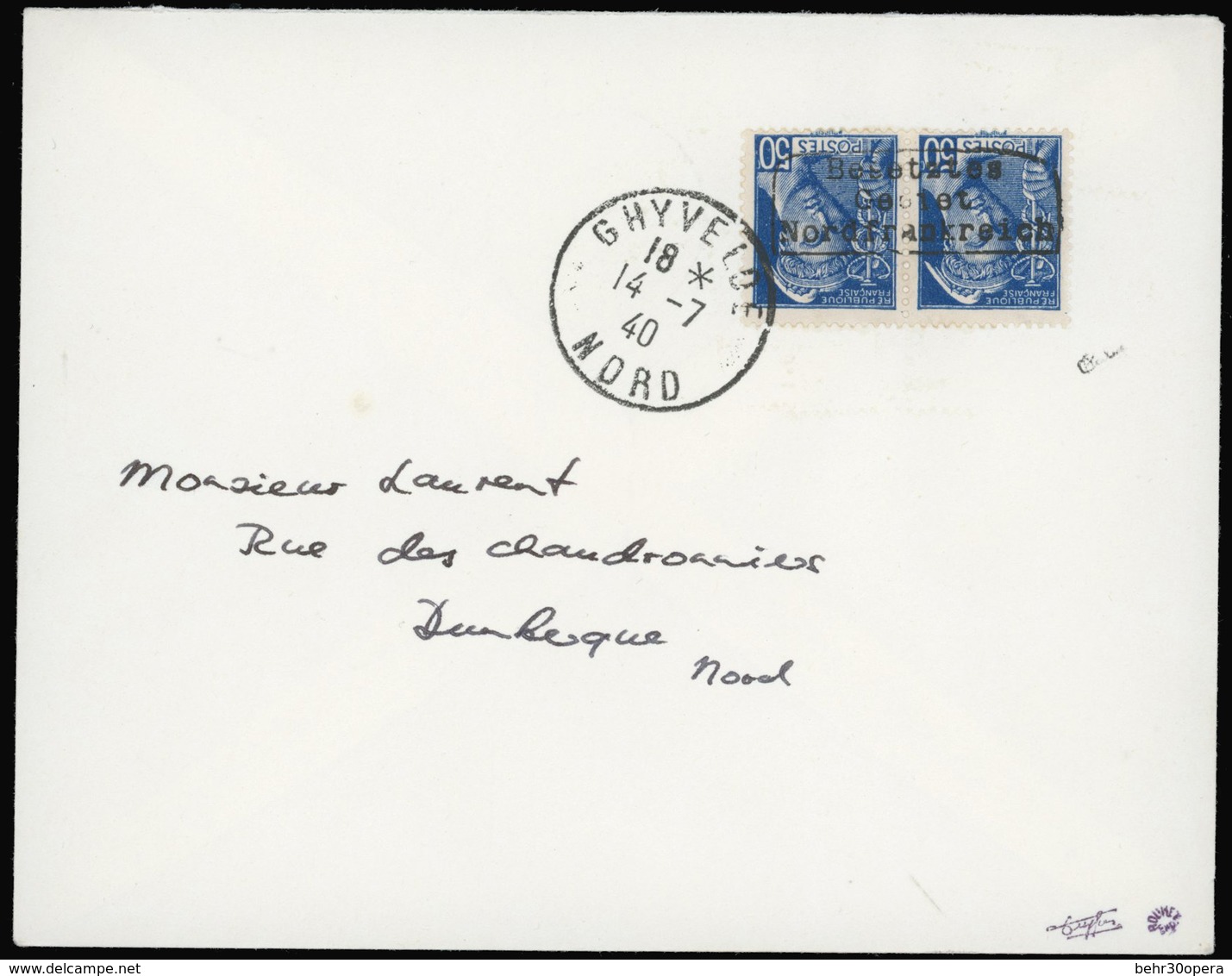 O 50c.bleu. Paire Obl. Cachet Renversé De Dunkerque Sur Lettre Frappée Du CàD De GHYVELDE Du 14 JUILLET 1940 à Destinati - Kriegsmarken