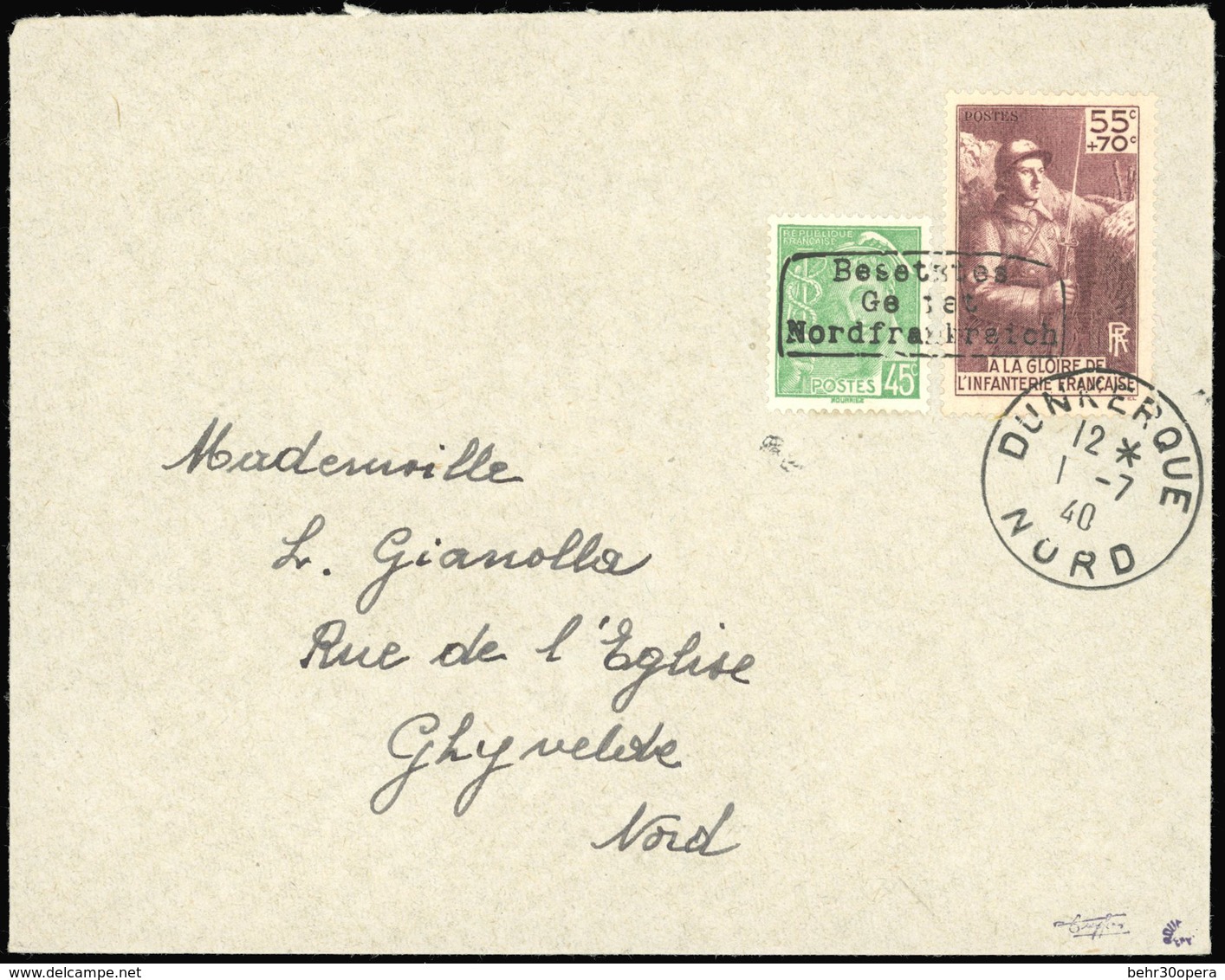 O 2 Valeurs Obl. Cachet DUNKERQUE S/lettre Frappée Du CàD De DUNKERQUE Du 1 JUILLET 1940 à Destination De GHYVELDE. Arri - Oorlogszegels