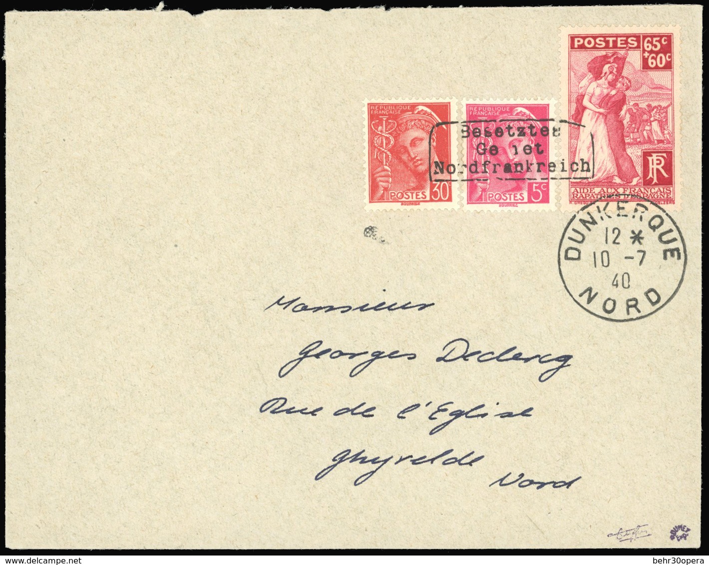 O 3 Valeurs Obl. Cachet DUNKERQUE S/lettre Frappée Du CàD De DUNKERQUE Du 10 JUILLET 1940 à Destination De GHYVELDE. Arr - War Stamps