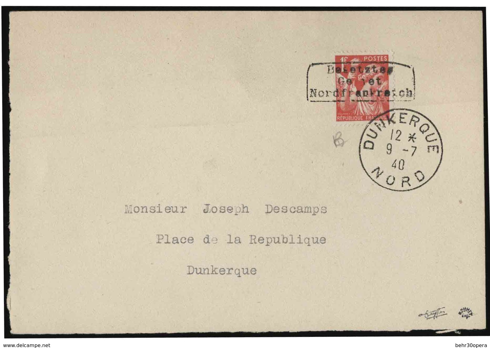 O Timbre De France N° 433. 1F. MERCURE. Surcharge DUNKERQUE Obl. CàD. DUNKERQUE NORD 9.7.40 Sur Devant De Lettre. TB. - Kriegsmarken